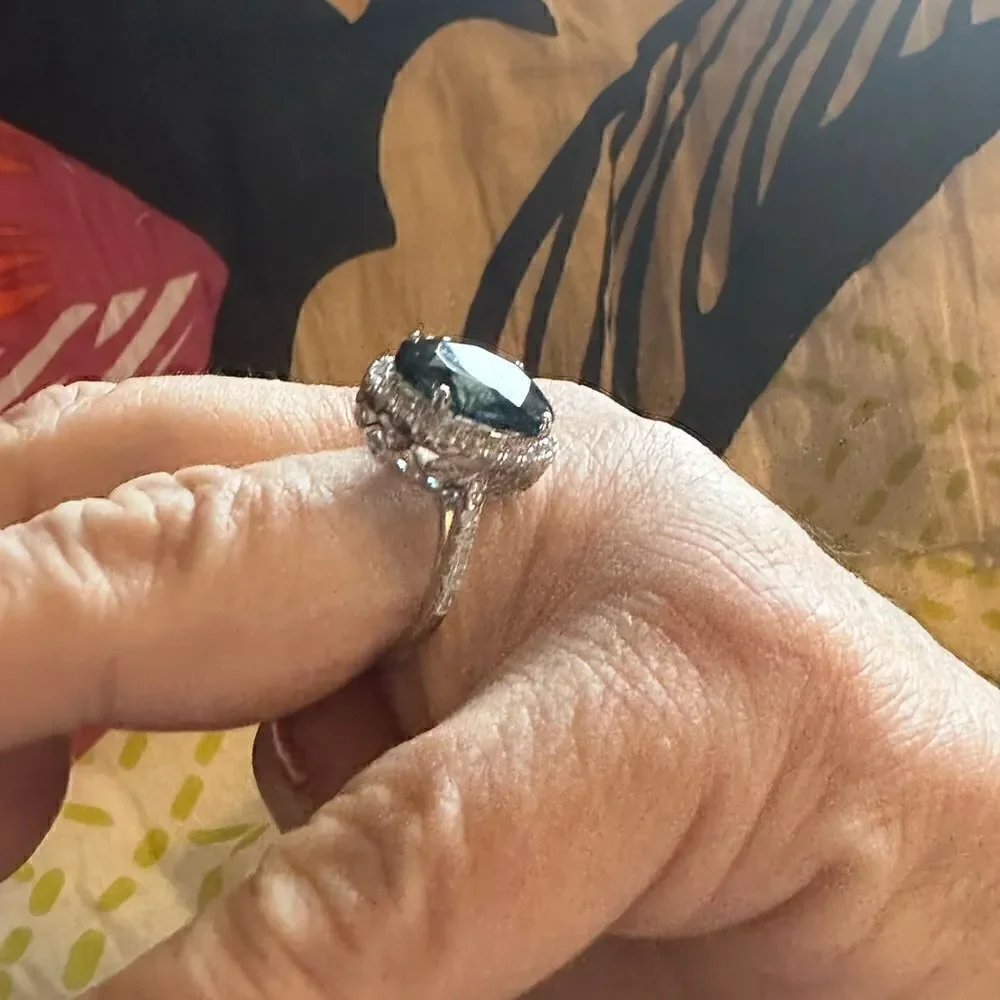 ⭐️Huge ⭐️ Dark Blue Oval Topaz With CZ White Surrounding Main Gemstone Cockta…